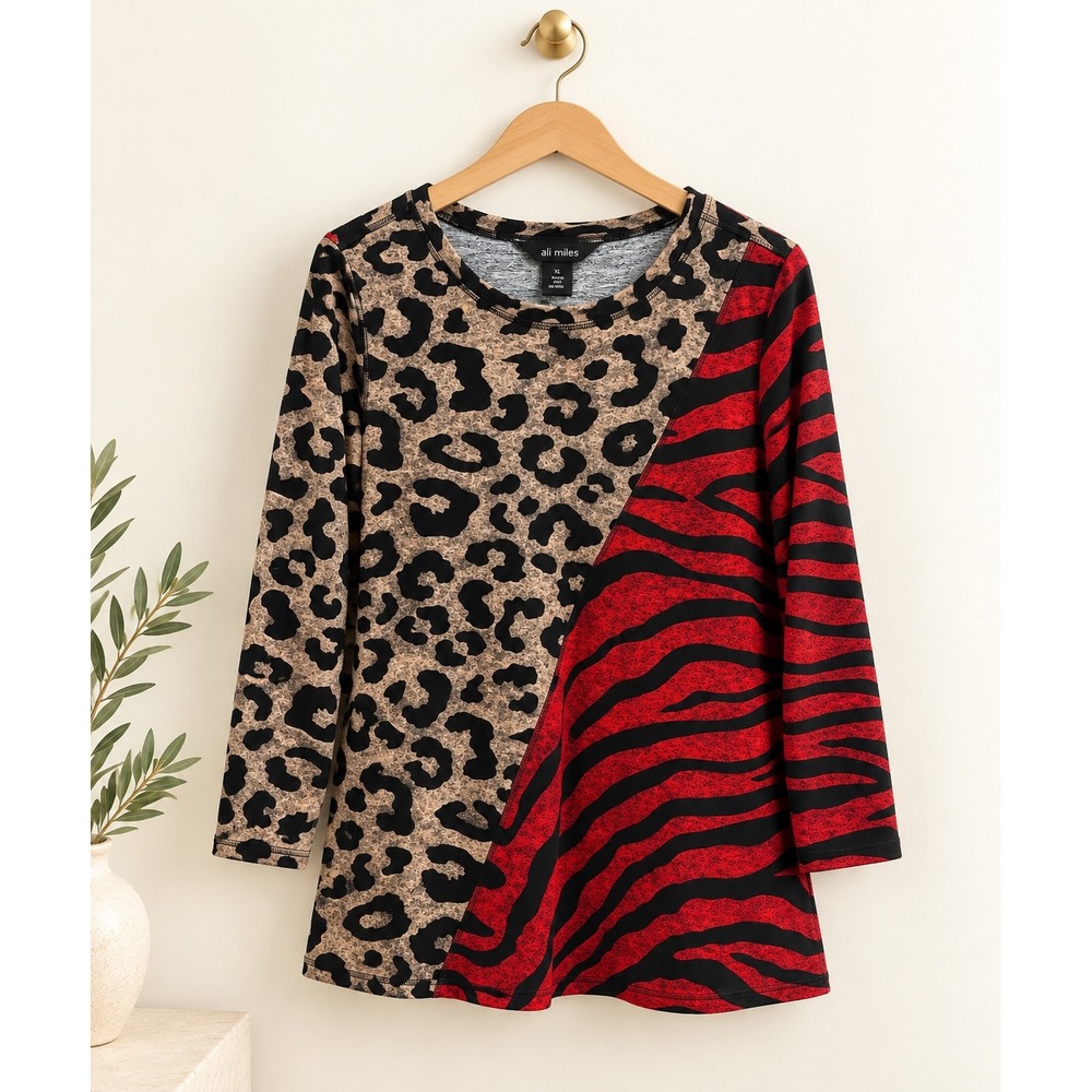Ali Miles XL Mixed Animal Print Tunic Top Red Zebra Tan Leopard 3/4 Sleeve